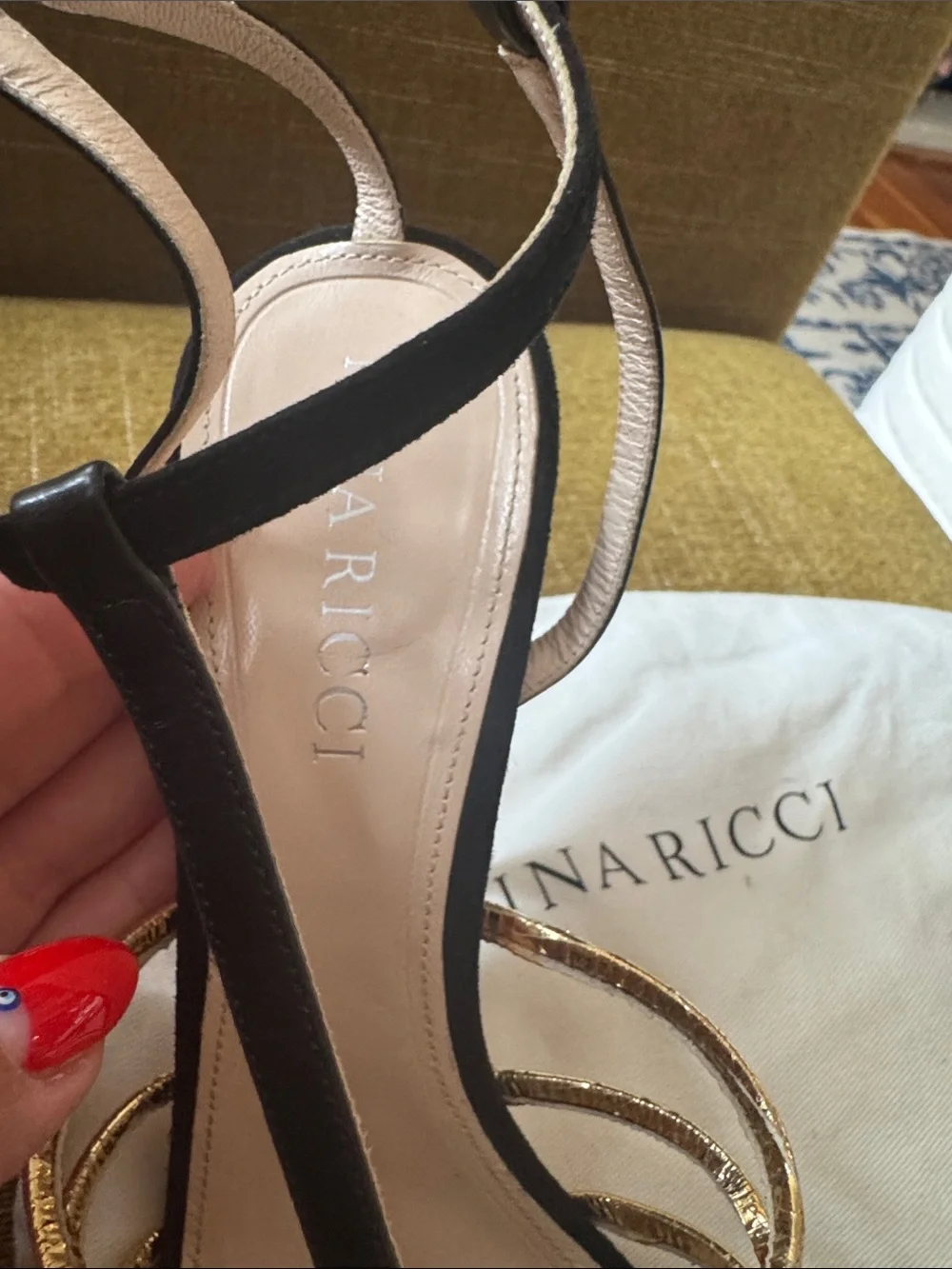 Nina Ricci Black and Gold Strappy T‑Bar Stiletto Sandals